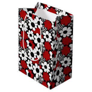 Sac Cadeau Moyen Joli motif floral en rouge, noir et blanc