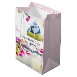 Sac Cadeau Moyen Joli oiseau bleu et jaune sur une branche Annivers