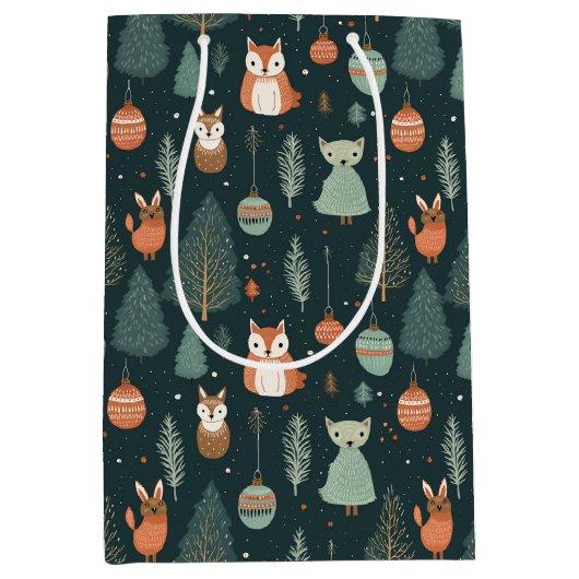 Sac Cadeau Moyen Joli Sage Green Winter Woodland Renards Noël (Devant)