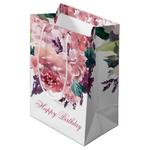 Sac Cadeau Moyen Jolie feminine Aquarelle rose Floral Anniversaire
