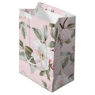 Sac Cadeau Moyen Jolie Fête de Mariage Fleurs Roses Blanches