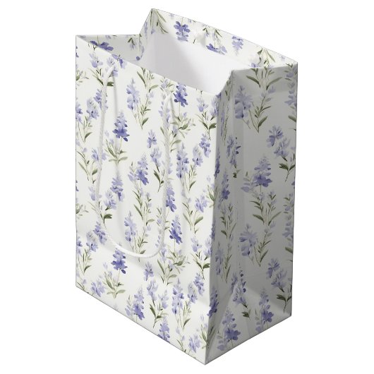 Sac Cadeau Moyen Jolie Fleur de Lilas Élégante Bleu & Blanc Floral (Devant Angle)