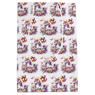 Sac Cadeau Moyen Jolie licorne rose, violette et or pour fête d'ann