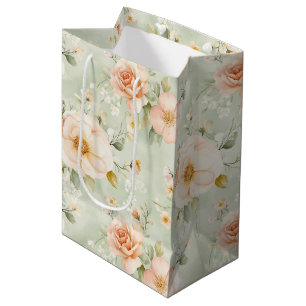 Sac Cadeau Moyen Jolis Roses Floral Mariage Baigneuse Pêche Menthe