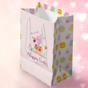 Sac Cadeau Moyen Joyeuse chasse aux oeufs de lapin rose de Pâques