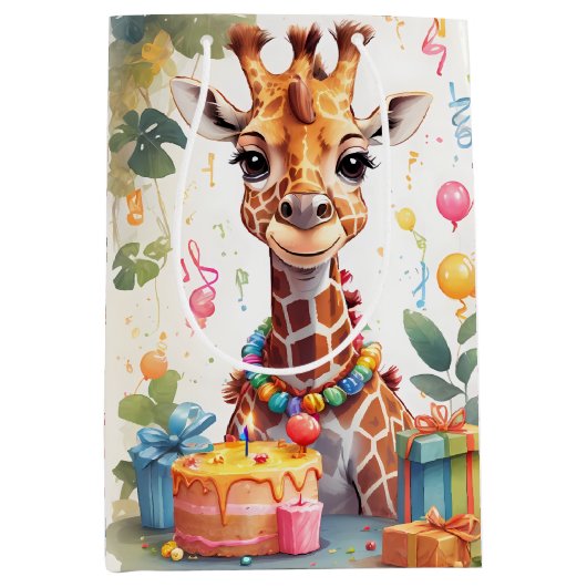 Sac Cadeau Moyen Joyeuse Giraffe avec cadeaux et gâteau | (Devant)