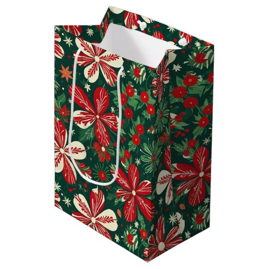 Sac Cadeau Moyen Joyeuses Fleurs de Noël et étoiles (Devant Angle)