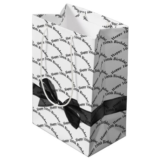 Sac Cadeau Moyen Joyeux 100e anniversaire noir Bow sur blanc (Dos Angle)