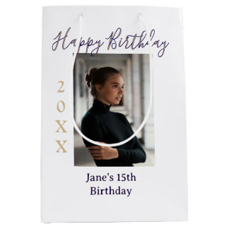 Sac Cadeau Moyen joyeux 15e anniversaire photo nom année t violet p