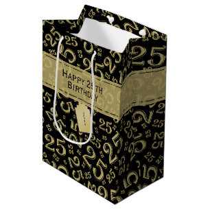 Sac Cadeau Moyen Joyeux 25e anniversaire Noir/Motif de numéro d'or
