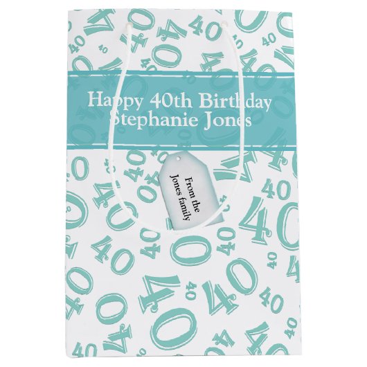 Sac Cadeau Moyen Joyeux 40e anniversaire Numéro Motif Turquoise/bla (Devant)