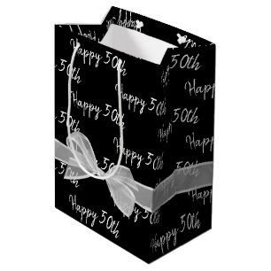 Sac Cadeau Moyen Joyeux 50e Anniversaire Bow sur Black Medium Cadea