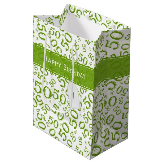 Sac Cadeau Moyen Joyeux 50e anniversaire Numéro Motif Vert/Blanc (Devant Angle)