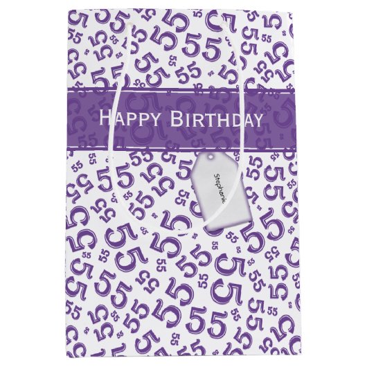Sac Cadeau Moyen Joyeux Anniversaire Âge 55 Numéro Motif Pourpre/Bl (Devant)