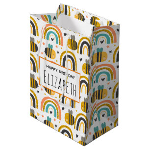 Sac Cadeau Moyen Joyeux Anniversaire avec un Motif Mignon d'Abeille