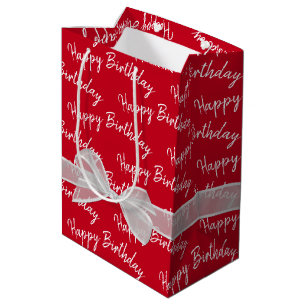 Sac Cadeau Moyen Joyeux Anniversaire Blanc Bow Sur Rouge