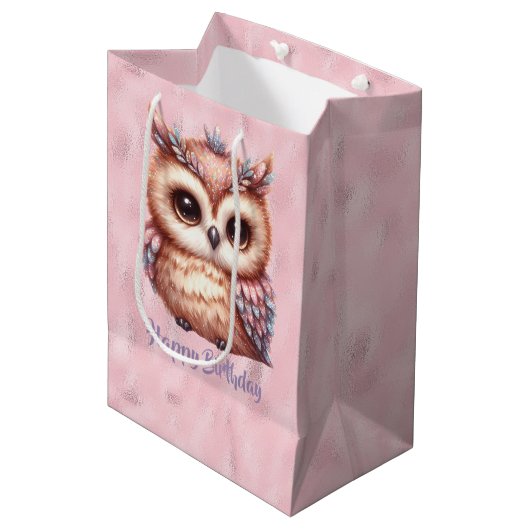 Sac Cadeau Moyen Joyeux Anniversaire Chouette Brown rose sur rose b (Devant Angle)