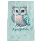 Sac Cadeau Moyen Joyeux Anniversaire Chouette Turquoise sur Shiny A (Dos)