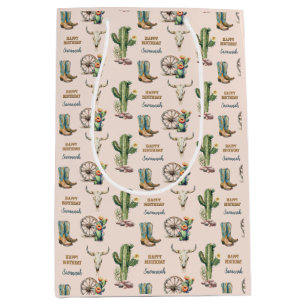 Sac Cadeau Moyen Joyeux Anniversaire de Cactus du désert rose vif d