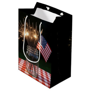 Sac Cadeau Moyen Joyeux Anniversaire Étoincelles avec Drapeau Améri