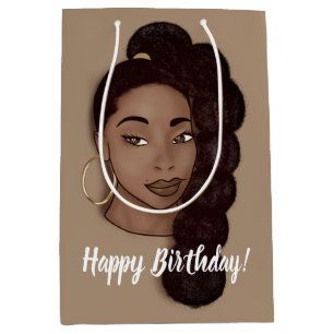 Sac Cadeau Moyen Joyeux Anniversaire, Femme noire avec long Ponytai