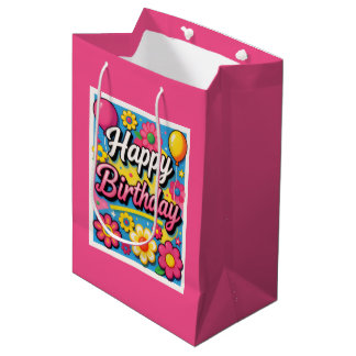 Sac Cadeau Moyen Joyeux Anniversaire Fleurs et Ballons Lumineux
