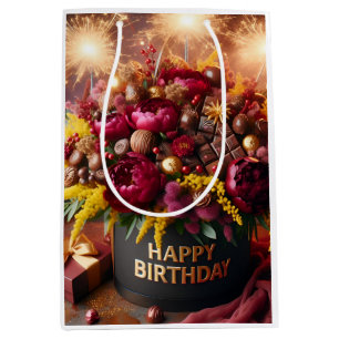 Sac Cadeau Moyen Joyeux anniversaire, fleurs et chocolat, par Natas