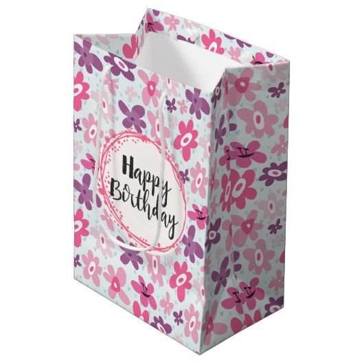 Sac Cadeau Moyen Joyeux anniversaire Fleurs roses et Coeurs Bleus (Devant Angle)