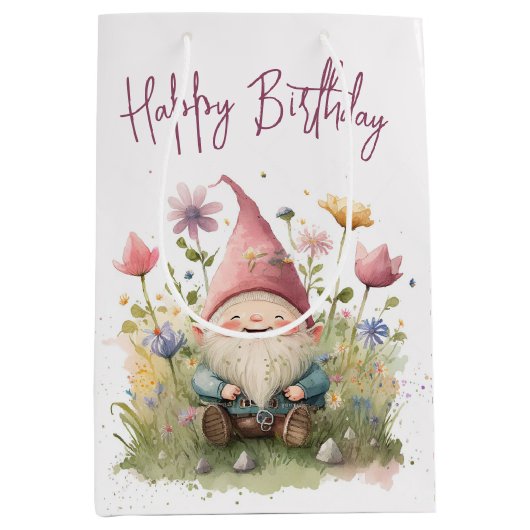 Sac Cadeau Moyen Joyeux Anniversaire Gnome En Fleurs (Devant)