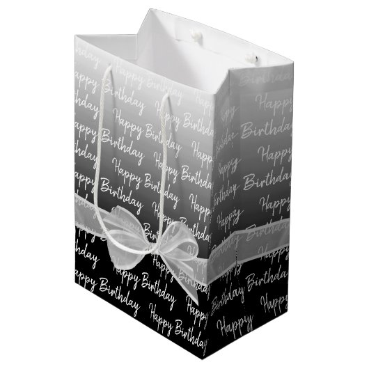 Sac Cadeau Moyen Joyeux Anniversaire Gradient Avec Bow Blanc (Devant Angle)