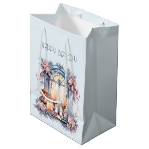 Sac Cadeau Moyen Joyeux Anniversaire Hiver Bleu rose Vitre victorie