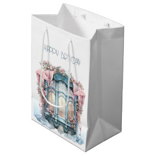 Sac Cadeau Moyen Joyeux Anniversaire Hiver Bleu rose Vitre victorie
