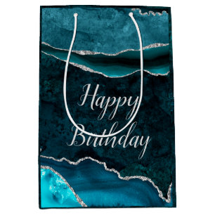 Sac Cadeau Moyen Joyeux Anniversaire Marbre Agate Sarcelle & Paille