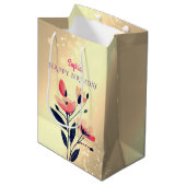 Sac Cadeau Moyen Joyeux Anniversaire, Nom, Fleurs sur Or (Devant Angle)