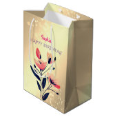 Sac Cadeau Moyen Joyeux Anniversaire, Nom, Fleurs sur Or (Dos Angle)