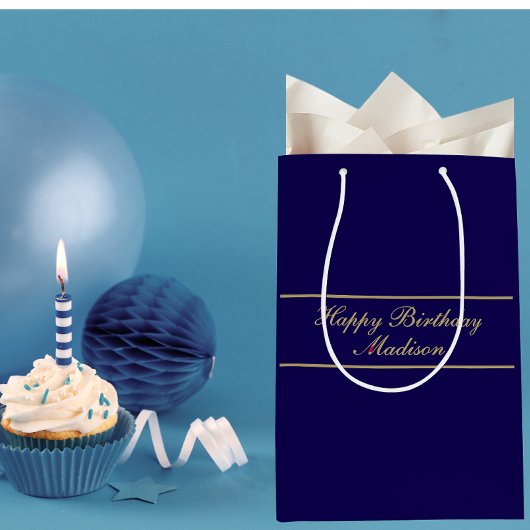 Sac Cadeau Moyen Joyeux Anniversaire Nom Script Bleu Or
