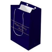 Sac Cadeau Moyen Joyeux Anniversaire Nom Script Bleu Or (Devant Angle)