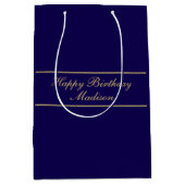 Sac Cadeau Moyen Joyeux Anniversaire Nom Script Bleu Or (Devant)
