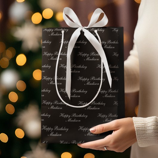 Sac Cadeau Moyen Joyeux Anniversaire Nom Script Noir Argent