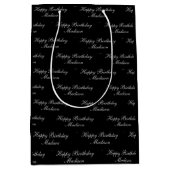 Sac Cadeau Moyen Joyeux Anniversaire Nom Script Noir Argent (Devant)