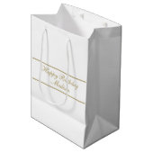 Sac Cadeau Moyen Joyeux Anniversaire Nom Script Or Blanc (Devant Angle)