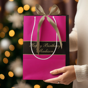Sac Cadeau Moyen Joyeux Anniversaire Nom Script Rose Noir Or