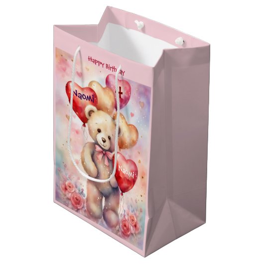 Sac Cadeau Moyen Joyeux Anniversaire Ours Ajouter Nom et âge (Devant Angle)