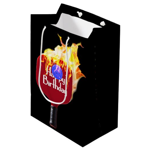 Sac Cadeau Moyen Joyeux Anniversaire Pickleball Paddle En Feu (Devant Angle)