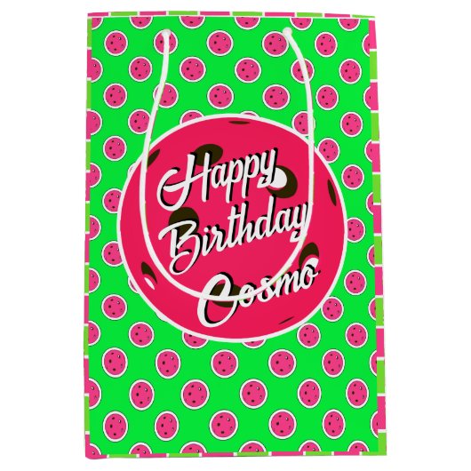 Sac Cadeau Moyen Joyeux Anniversaire Pickleball Pink Balls sur Vert (Devant)