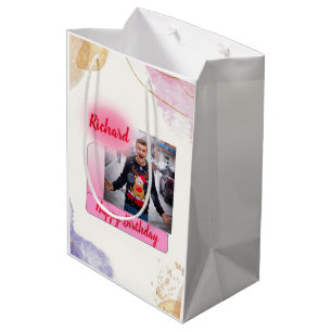 Sac Cadeau Moyen Joyeux Anniversaire rose Gradient Moderne Ajouter