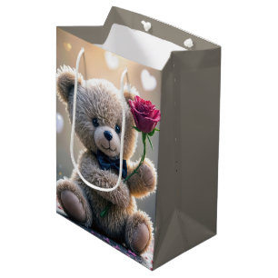 Sac Cadeau Moyen Joyeux Anniversaire Teddy Ours Avec Rose Rouge