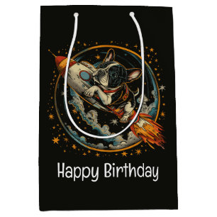 Sac Cadeau Moyen Joyeux Bateau à fusée d'anniversaire French Bulldo