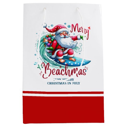 Sac Cadeau Moyen Joyeux Beachmas Père Noël Surfing Retro Design (Devant)