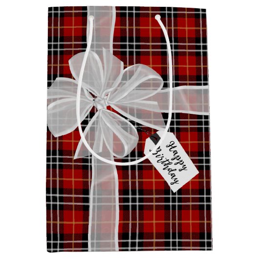 Sac Cadeau Moyen Joyeux Bow Anniversaire Sur Tartan Plaid (Devant)
